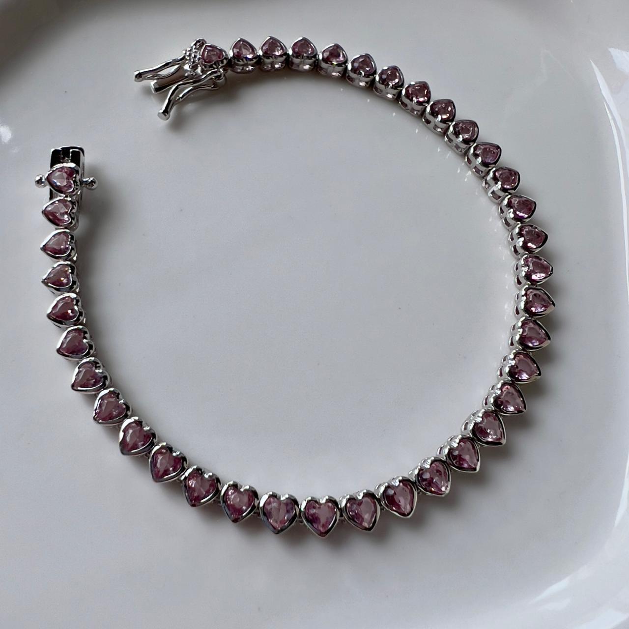 PULSEIRA RIVIERA COM ZIRCÔNIA DE CORAÇÃO ROSA CLARO 18CM