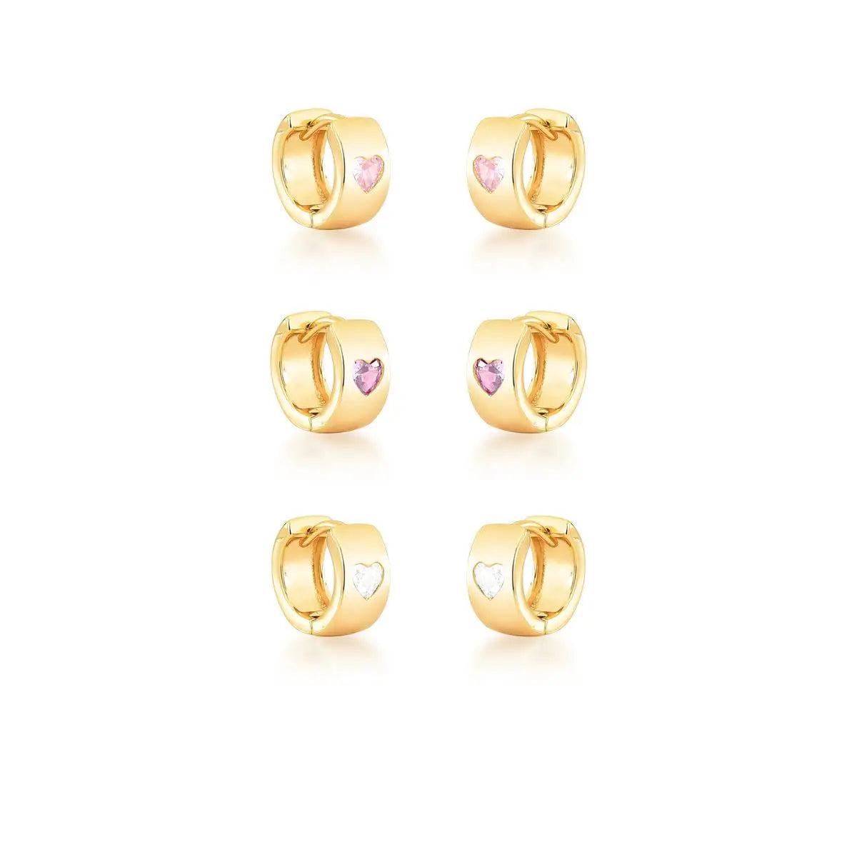 KIT TRÊS PARES DE ARGOLA COM CRISTAL DE CORAÇÃO BANHADA A OURO