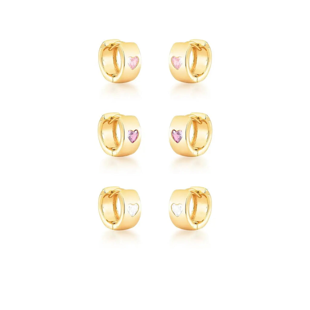 KIT TRÊS PARES DE ARGOLA COM CRISTAL DE CORAÇÃO BANHADA A OURO