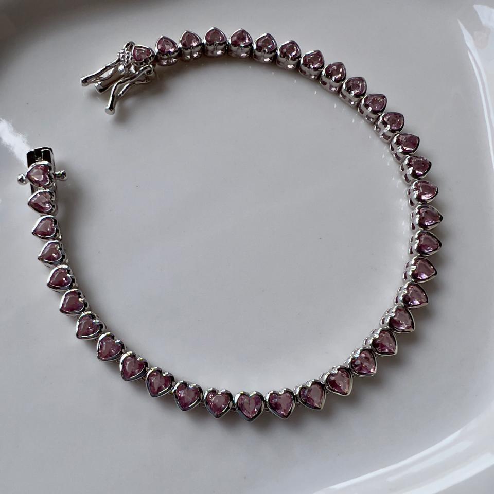 PULSEIRA RIVIERA COM ZIRCÔNIA DE CORAÇÃO ROSA CLARO 18CM