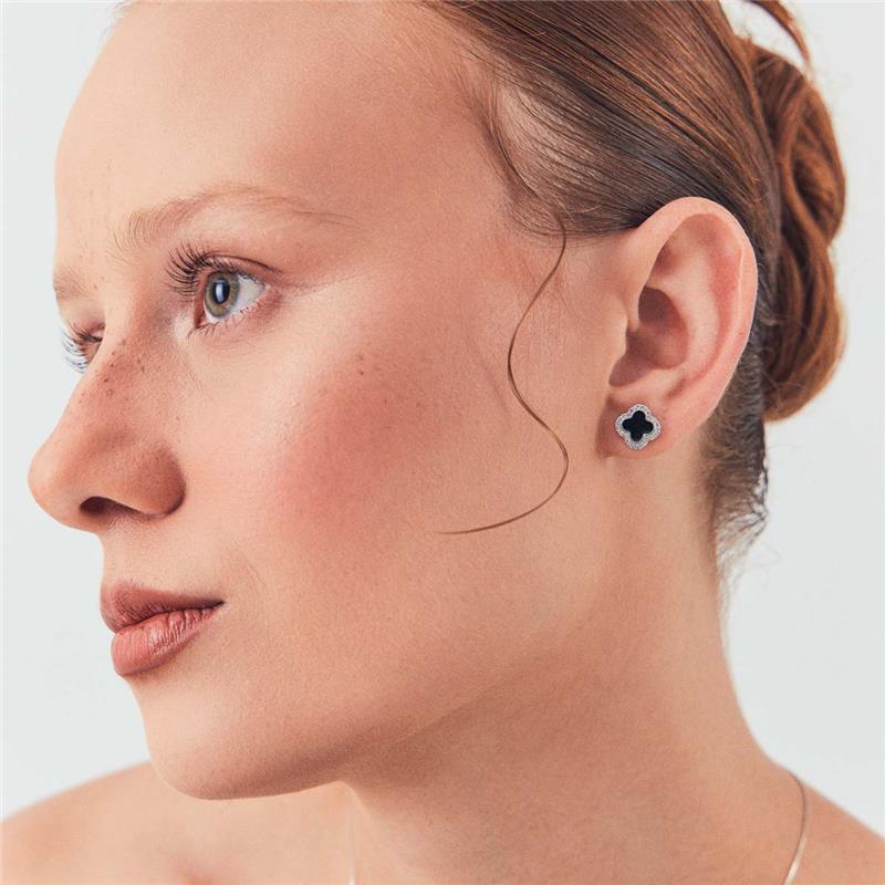 CONJUNTO PRATA 925 BRINCO E PINGENTE DE TREVO TAMANHO P ESMALTADO COM ZIRCÔNIAS