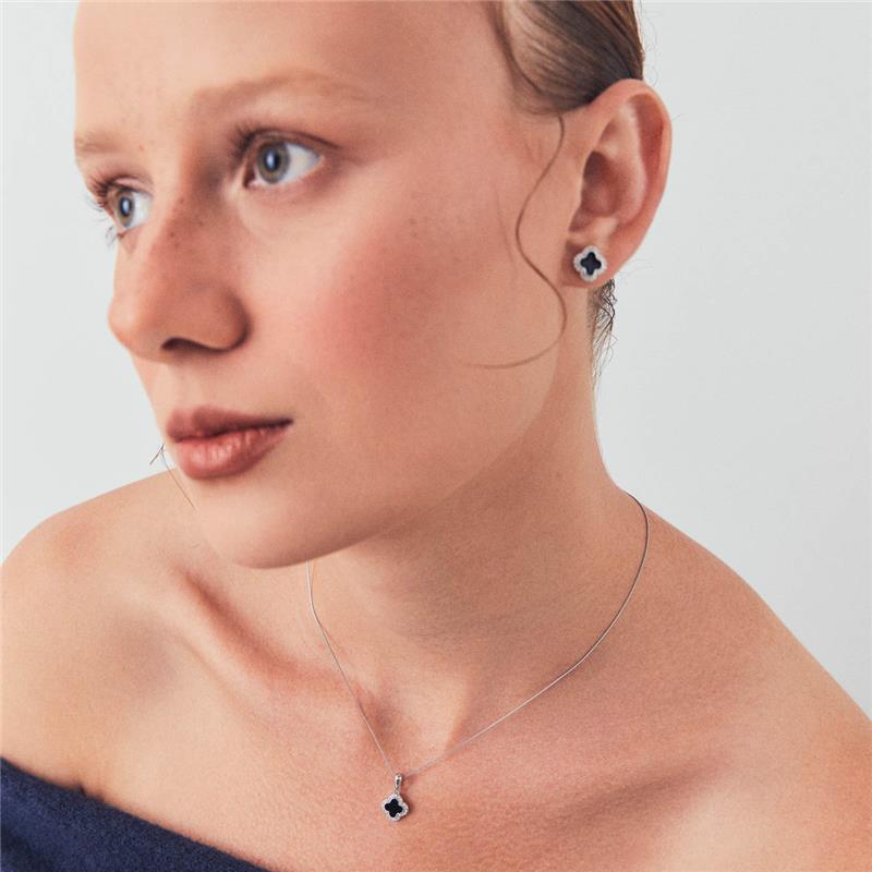 CONJUNTO PRATA 925 BRINCO E PINGENTE DE TREVO TAMANHO P ESMALTADO COM ZIRCÔNIAS