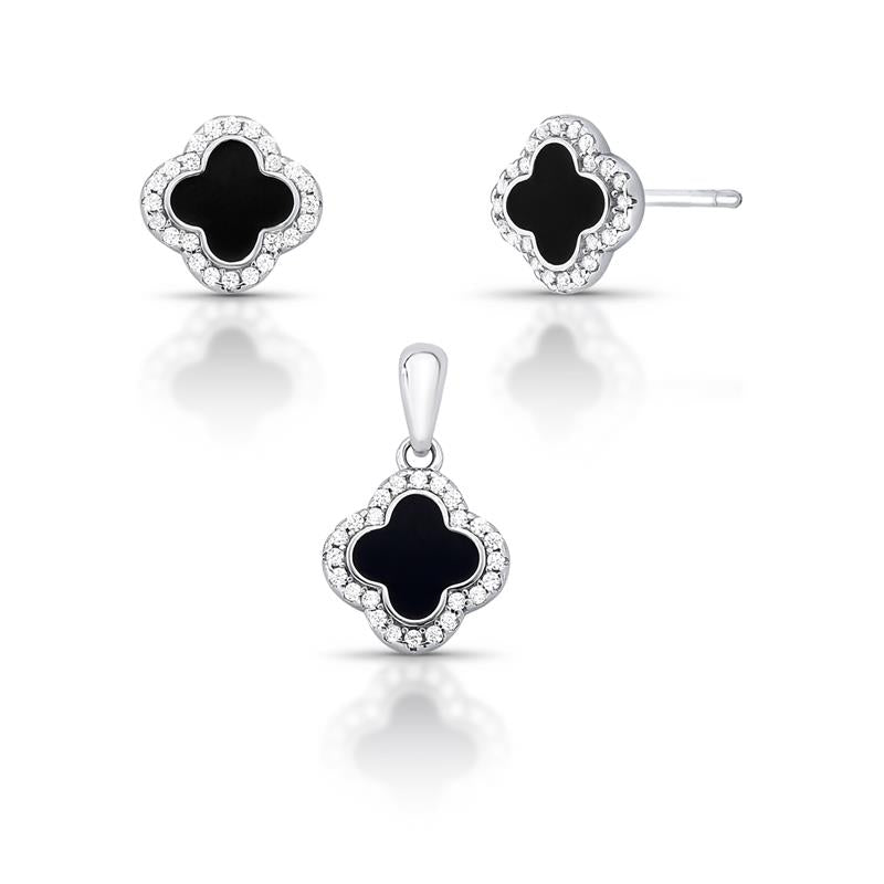 CONJUNTO PRATA 925 BRINCO E PINGENTE DE TREVO TAMANHO P ESMALTADO COM ZIRCÔNIAS