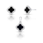 CONJUNTO PRATA 925 BRINCO E PINGENTE DE TREVO TAMANHO P ESMALTADO COM ZIRCÔNIAS